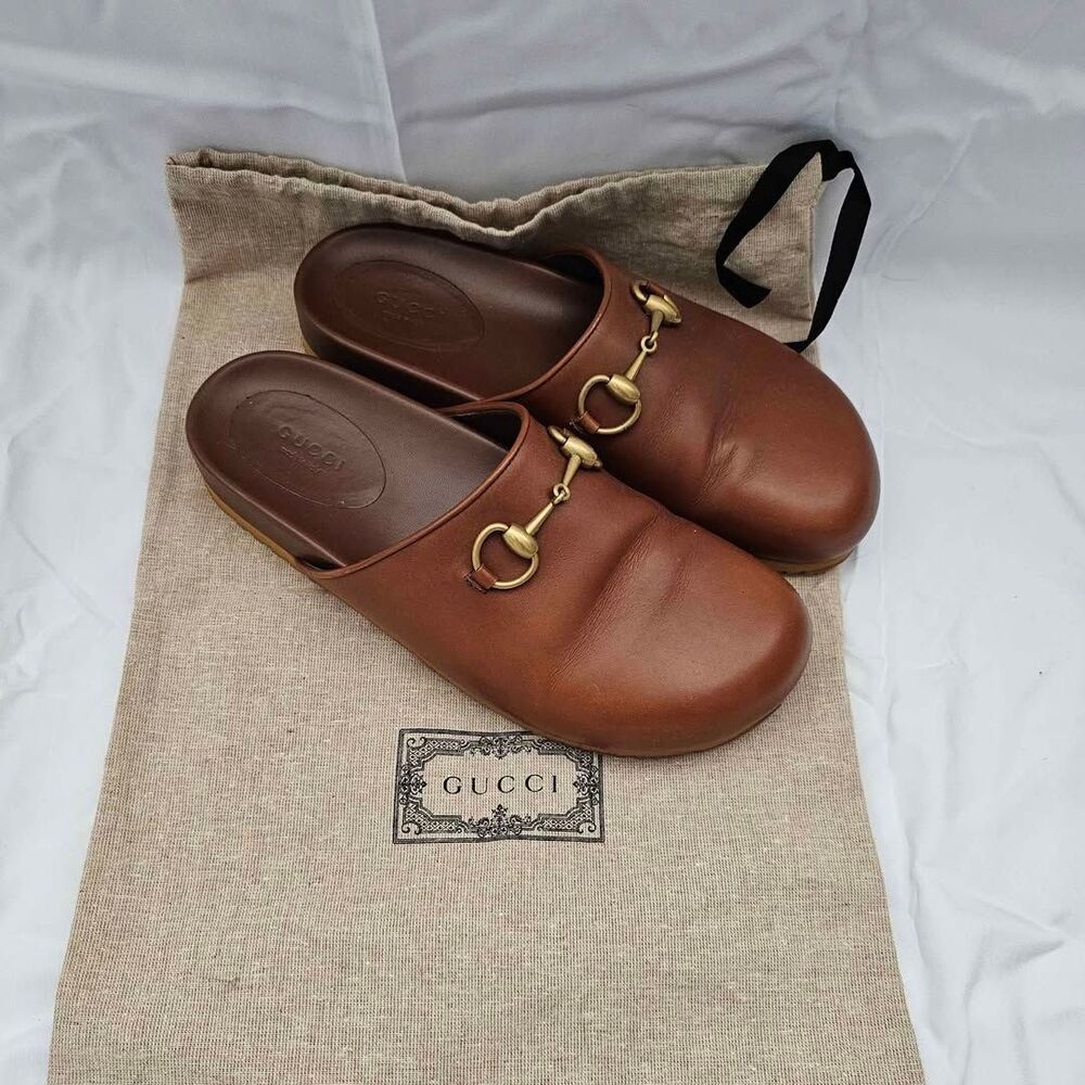 Gucci Brown Leather Horsebit Clog Mules - Chestnut